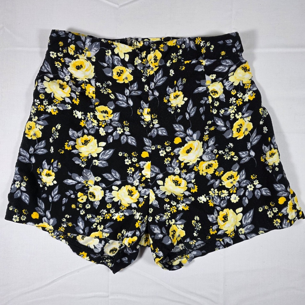 Scott Womens Floral High Waisted Shorts Black Yellow Rose Exposed Zipper Small